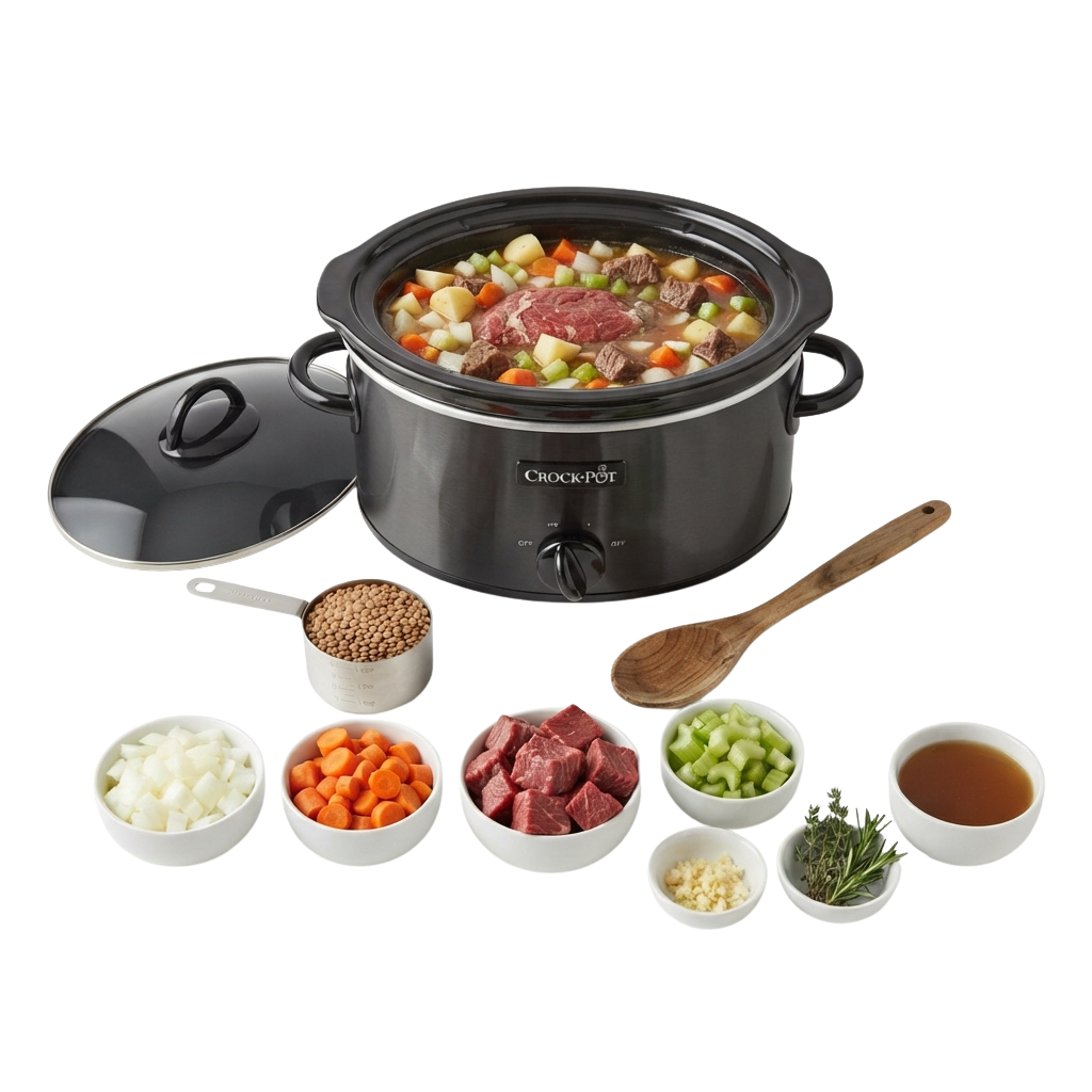 Slow cooker filled with beef stew ingredients including meat, vegetables, and broth with separate bowls of chopped onions, carrots, beef, celery, garlic, and beans