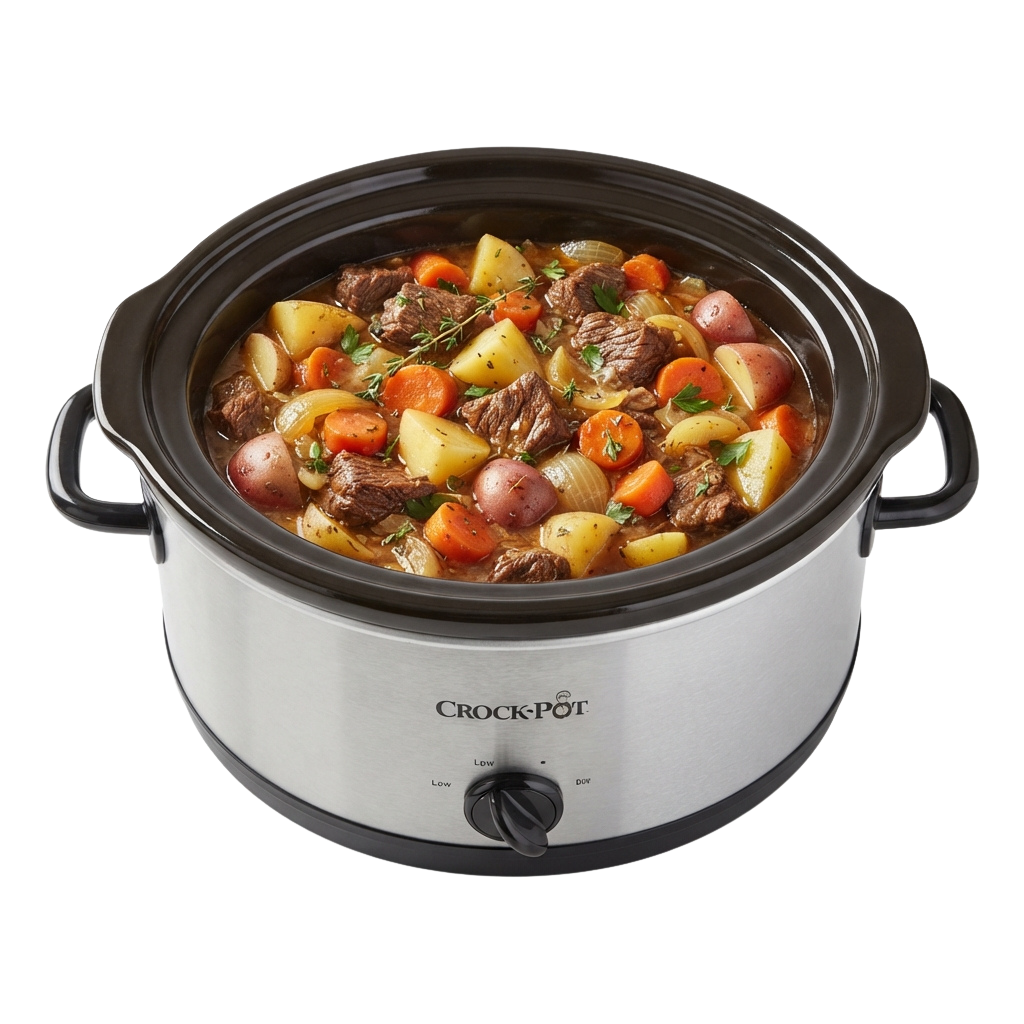 A slow cooker filled with hearty beef stew containing chunks of beef, potatoes, carrots, and onions