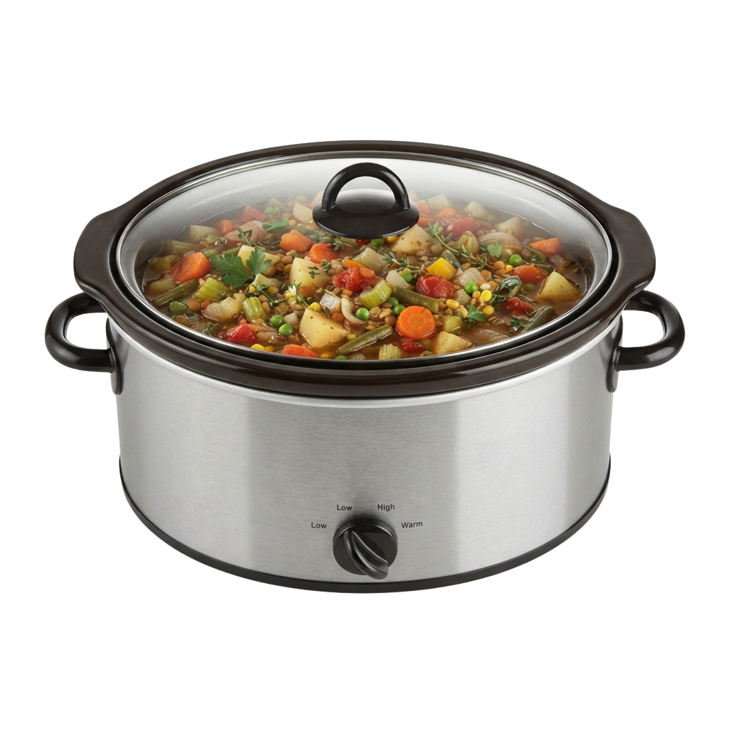 Stainless steel slow cooker filled with colorful vegetable stew and lid on top