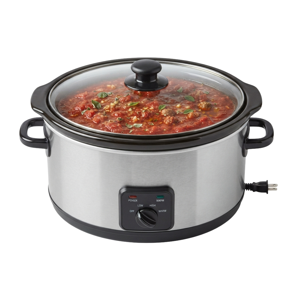 A stainless steel slow cooker filled with tomato sauce and meatballs, featuring a control panel with power and temperature settings.