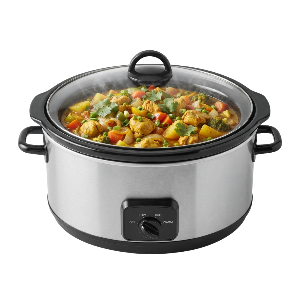 A stainless steel slow cooker filled with a colorful chicken and vegetable curry dish garnished with cilantro