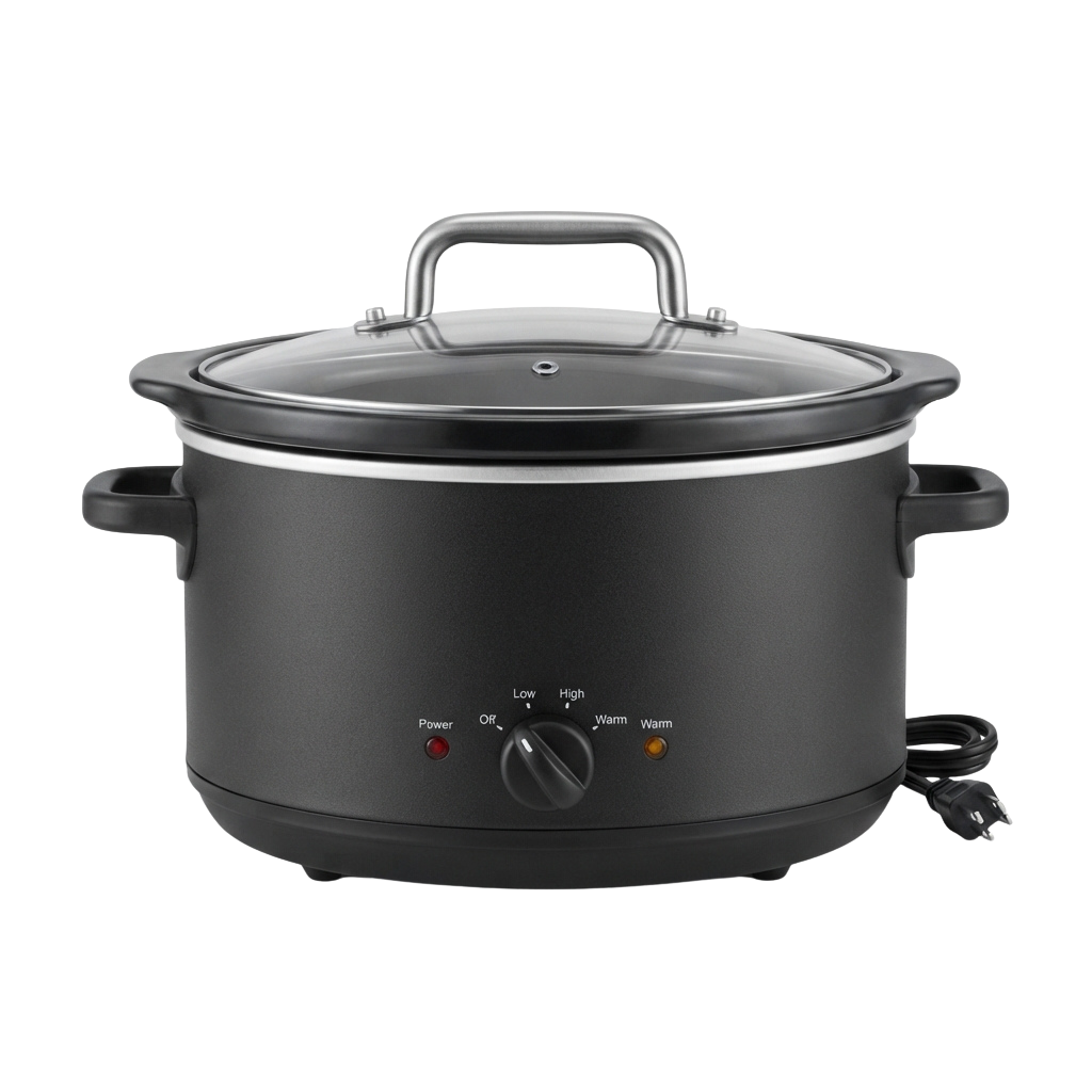 A stainless steel slow cooker with a lid handle, control knob, and power indicator lights.
