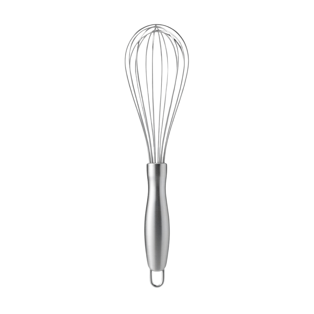 A silver balloon whisk with a looped wire design and ergonomic handle