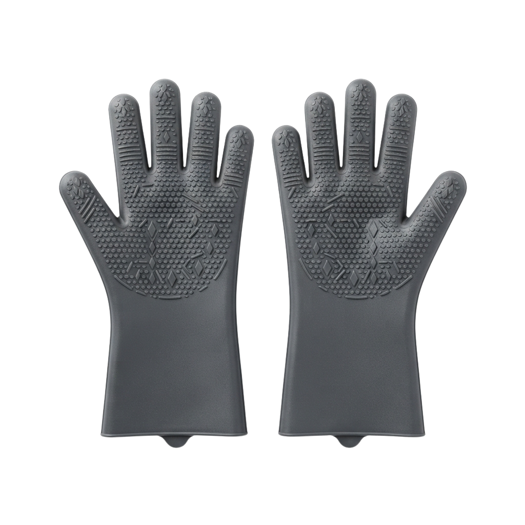 Pair of gray rubber gloves with textured palms and fingers for enhanced grip and protection