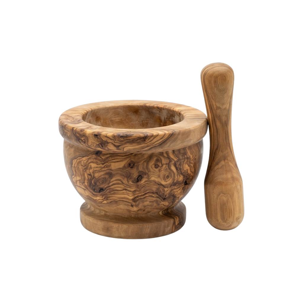 A wooden mortar and pestle set with a textured bowl and smooth handle