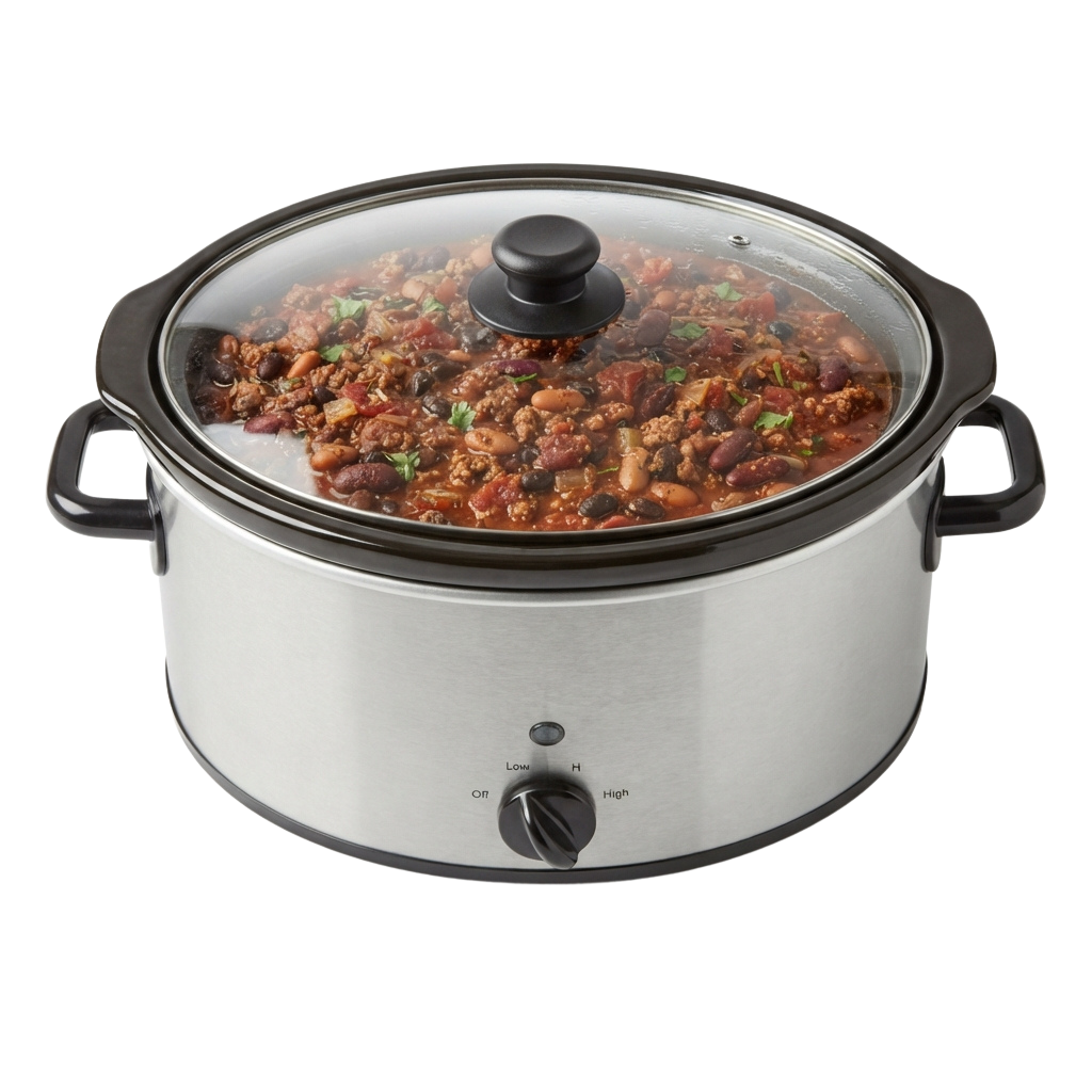 A slow cooker filled with bean chili, featuring a glass lid and control knob for heat settings.