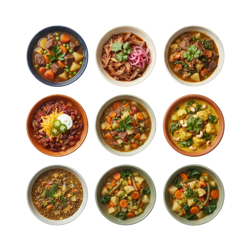 Nine bowls of different meat and vegetable stews and soups with ingredients like beef, carrots, potatoes, lentils, and greens