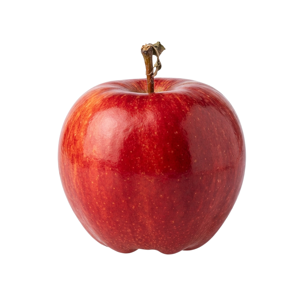 A close-up of a fresh red apple with a green stem on top against a black background