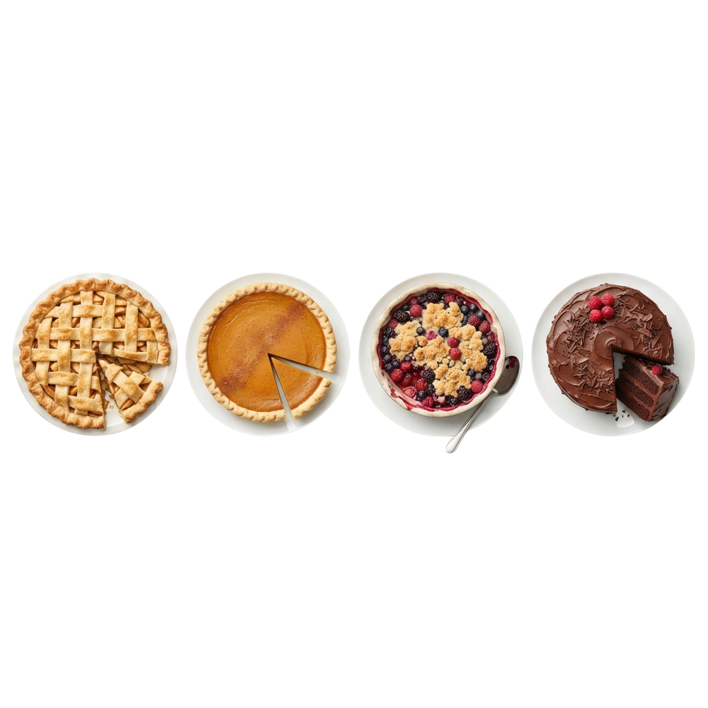 Four dessert plates showing a slice of lattice pie, pumpkin pie, berry crumble, and chocolate cake.