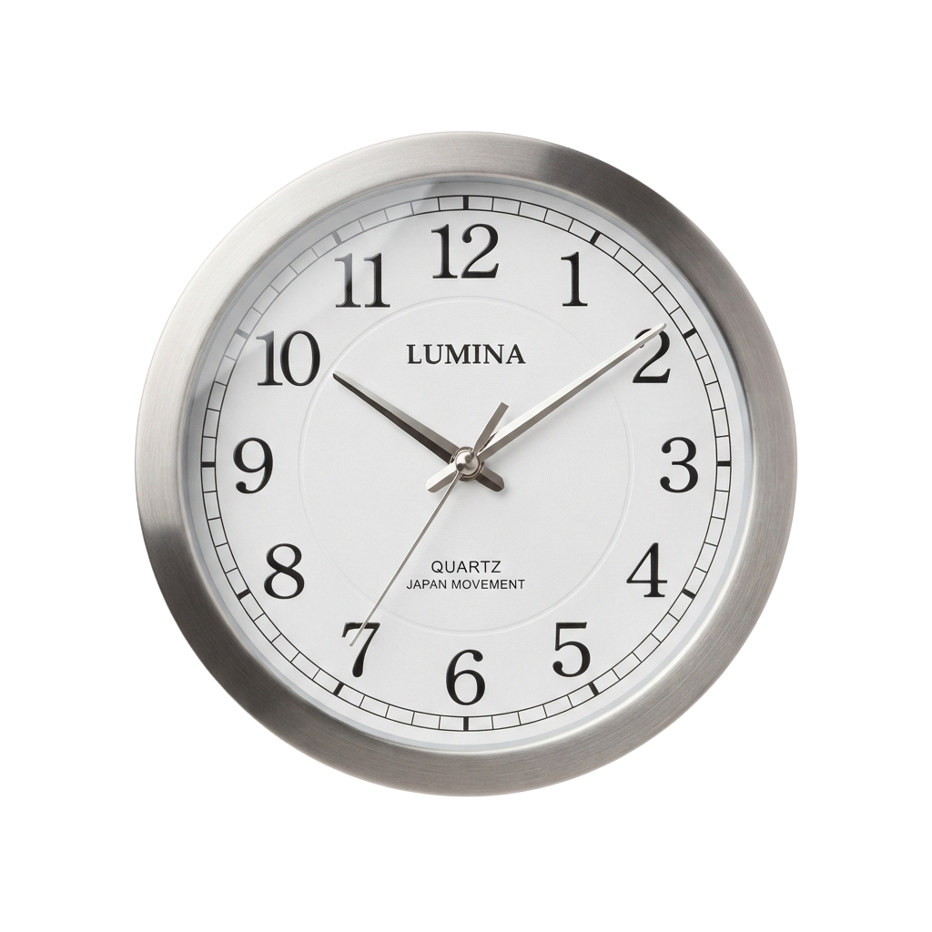 Silver-framed analog wall clock with black numbers and quartz movement, showing time around 10:10.