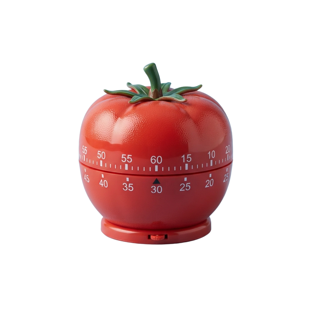 A red tomato-shaped kitchen timer with a green stem and leafy top, displaying a time setting of 30 minutes