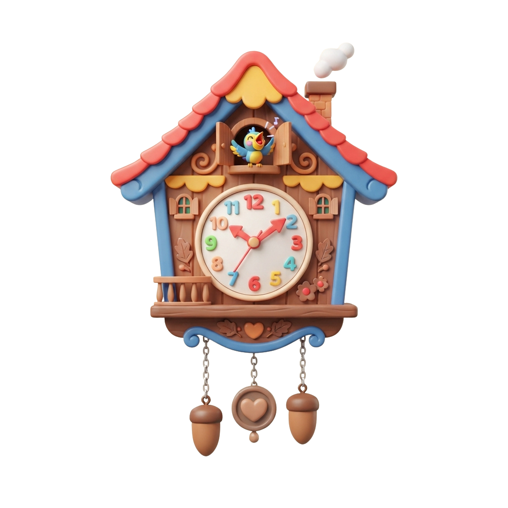 Whimsical cuckoo clock with a bird popping out, colorful roof, and acorn pendants hanging below