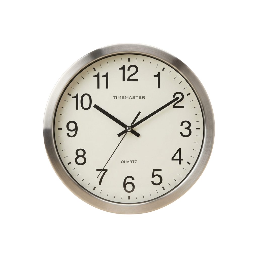 A round analog quartz clock with black numbers and hands on a white face, framed in stainless steel.