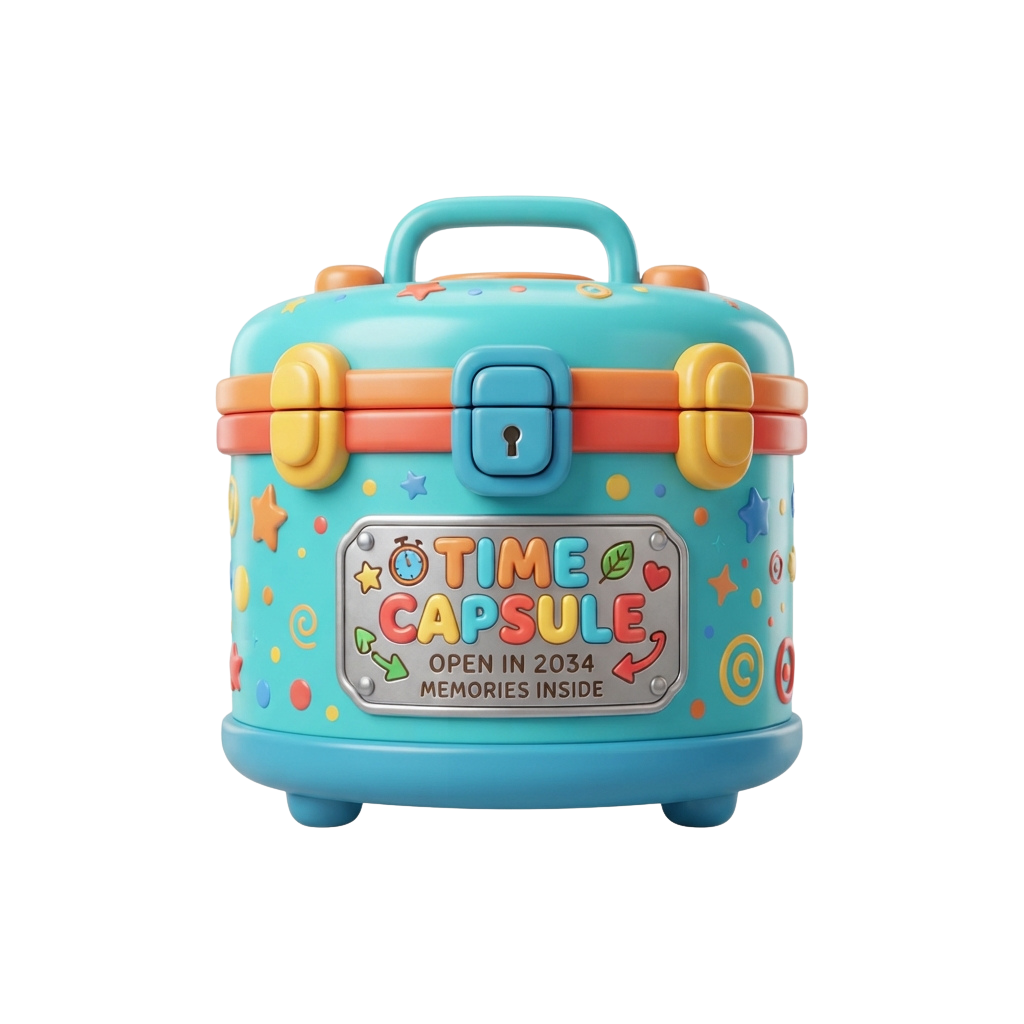 A vibrant blue and multicolored time capsule box with a lock and label reading Open in 2034 Memories Inside
