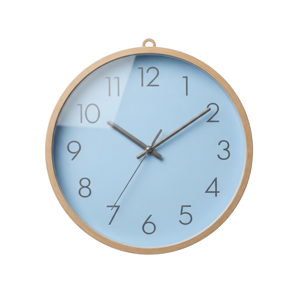 A round analog clock with a light blue background, black numbers, and a wooden frame hanging on a black wall.
