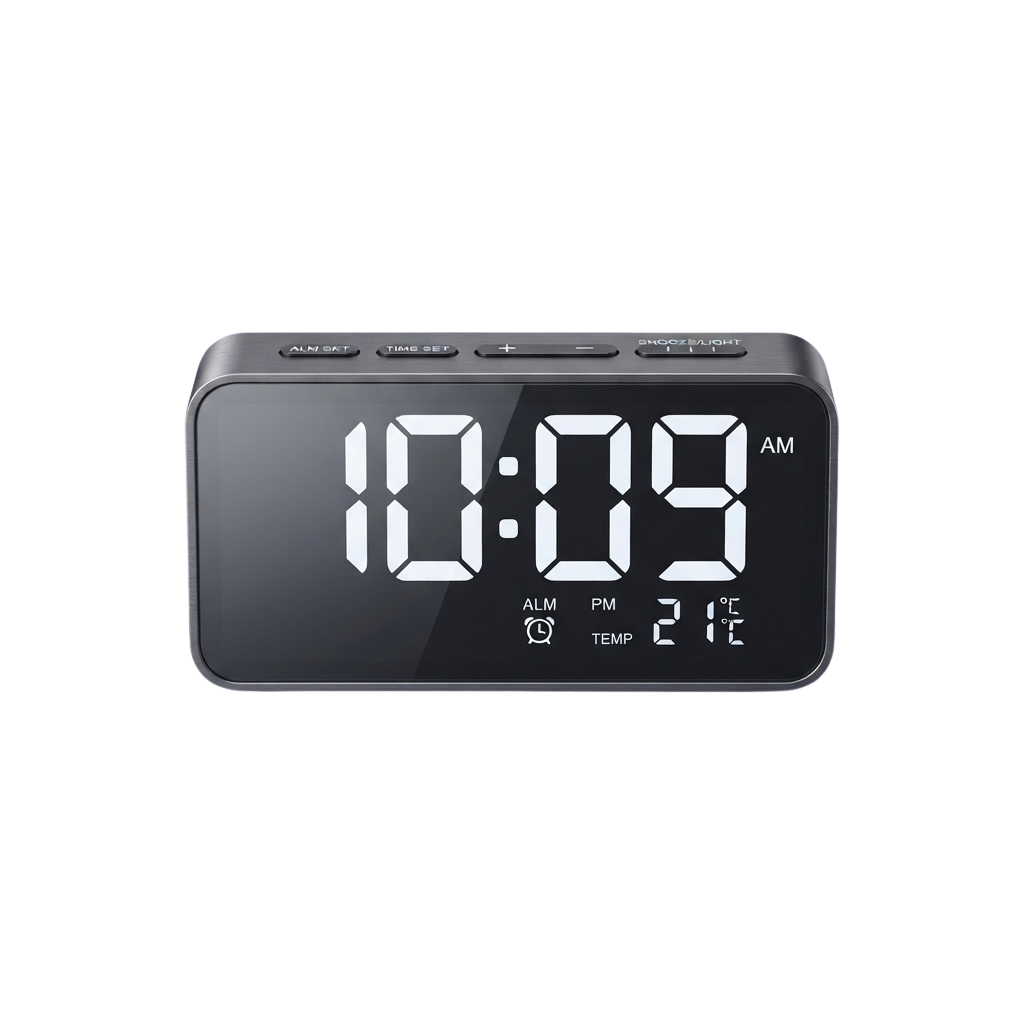 A sleek digital alarm clock showing time 10:09 AM, temperature 21 degrees Celsius, and alarm settings.
