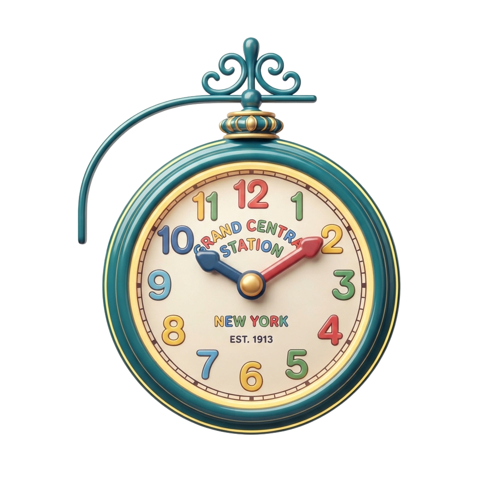 Colorful vintage-style clock showing time with Grand Central Station and New York labels, featuring a decorative top and hands.
