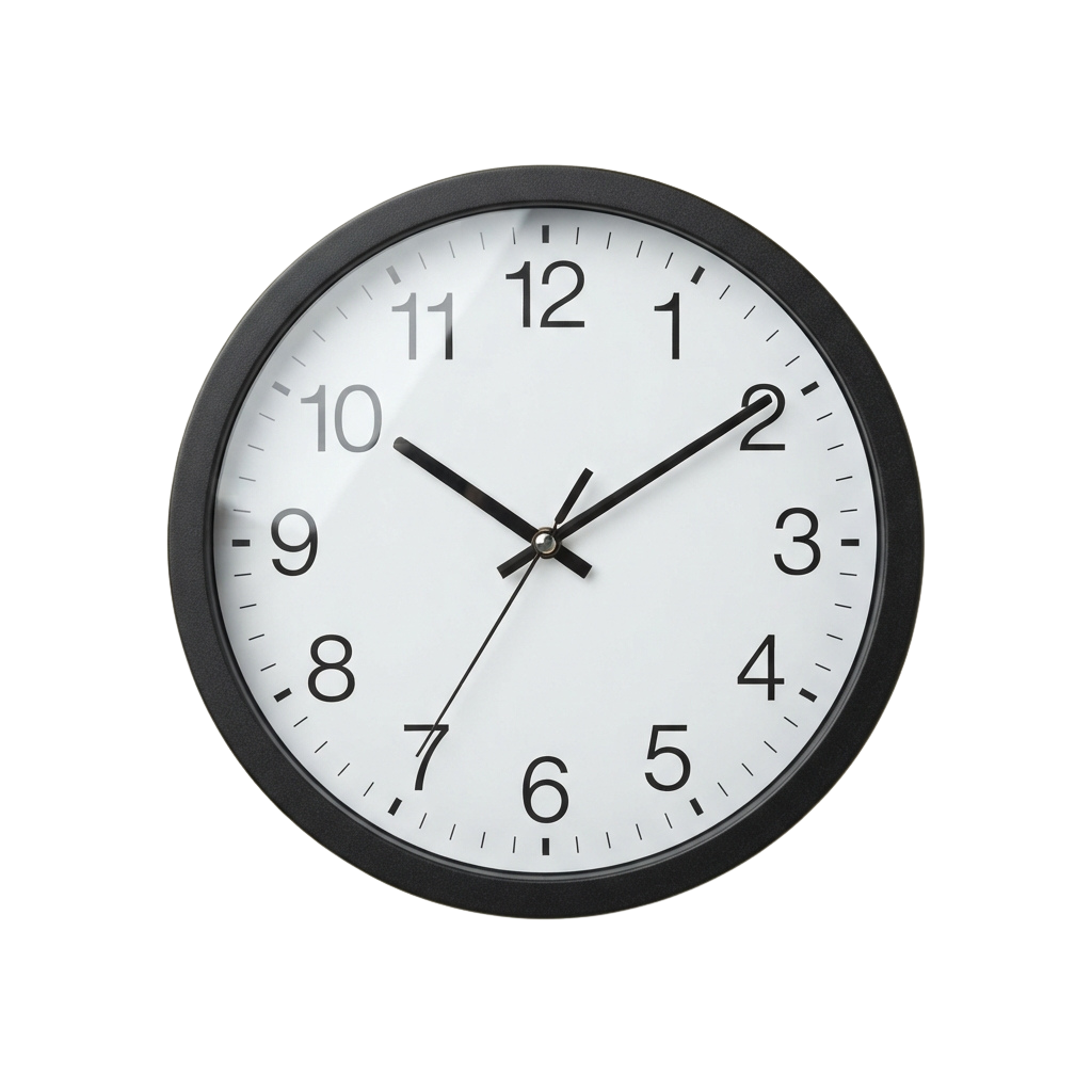 Black framed analog clock with white face showing time at 2:10