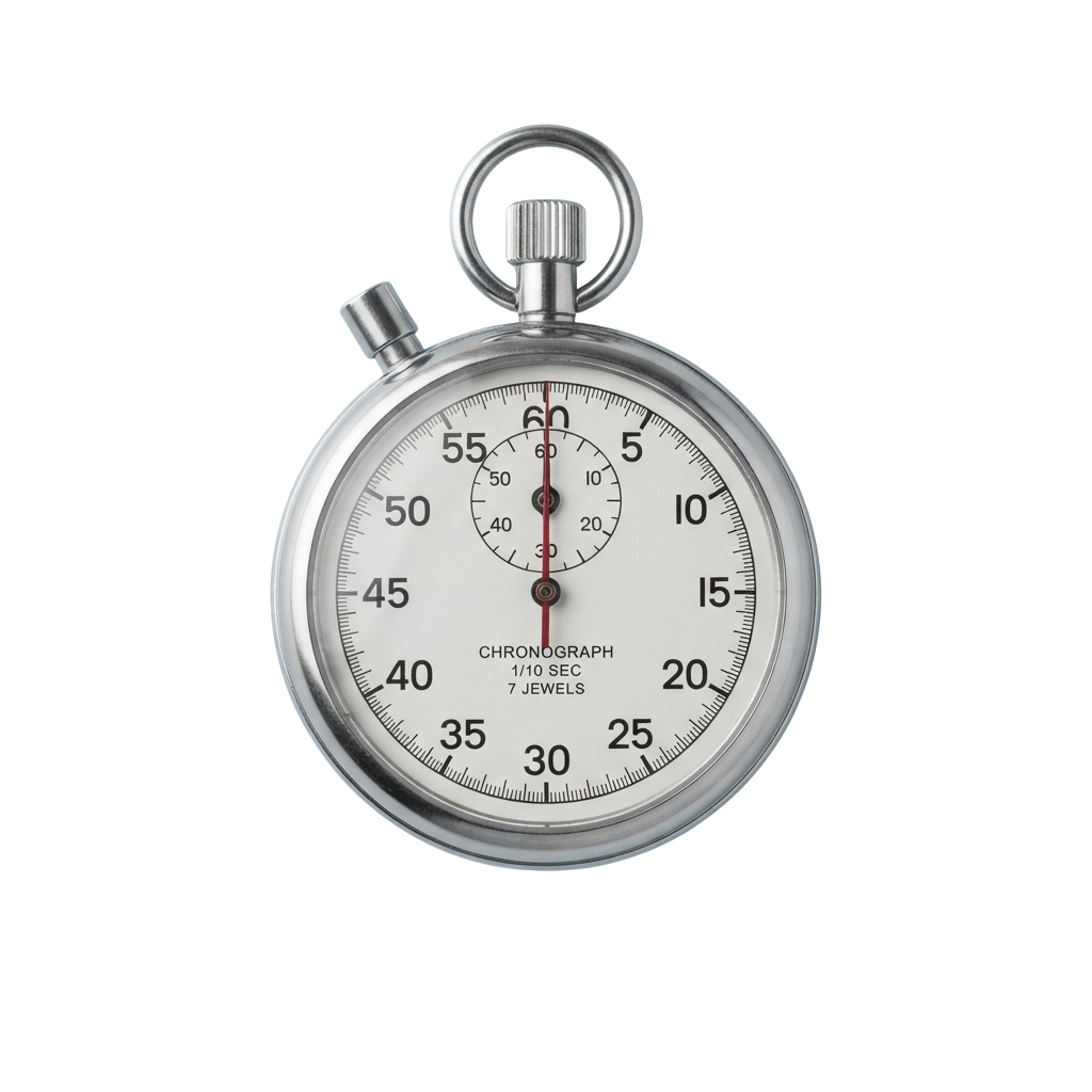 Close-up of a silver stopwatch with a white face showing seconds and minutes, red second hand, and a small sub-dial.