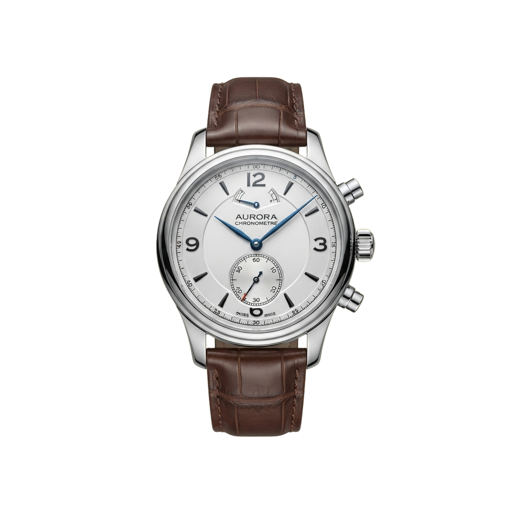 A silver-toned chronograph watch with a brown leather strap and sub-dials on a white face