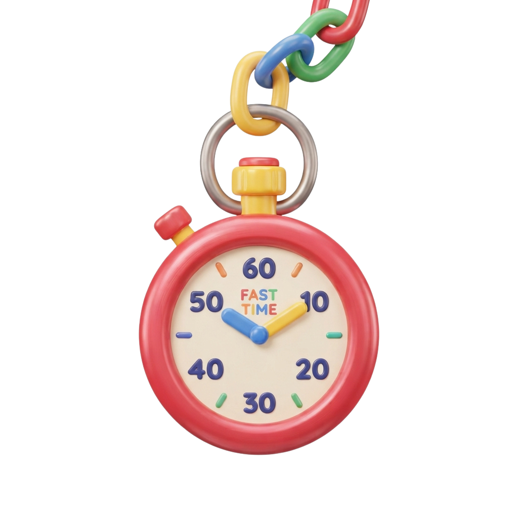 A red toy stopwatch with a chain attached, displaying fast time markings and a yellow and blue second hand.