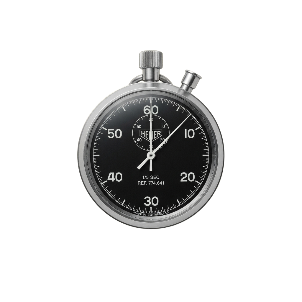 A silver stopwatch with black dial showing 1/5 second increments and a small sub-dial for elapsed minutes.