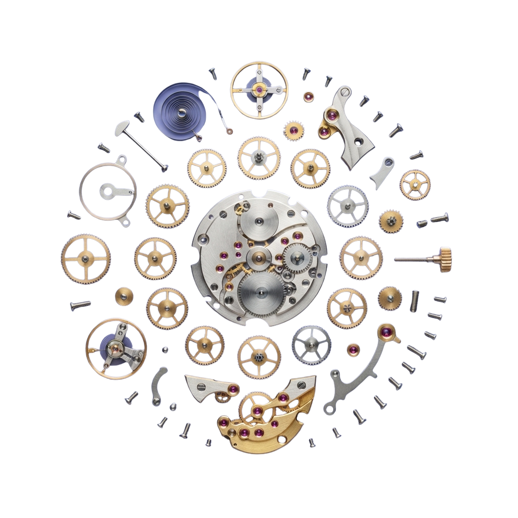 Collection of detailed mechanical watch gears, springs, and components arranged in a circular pattern