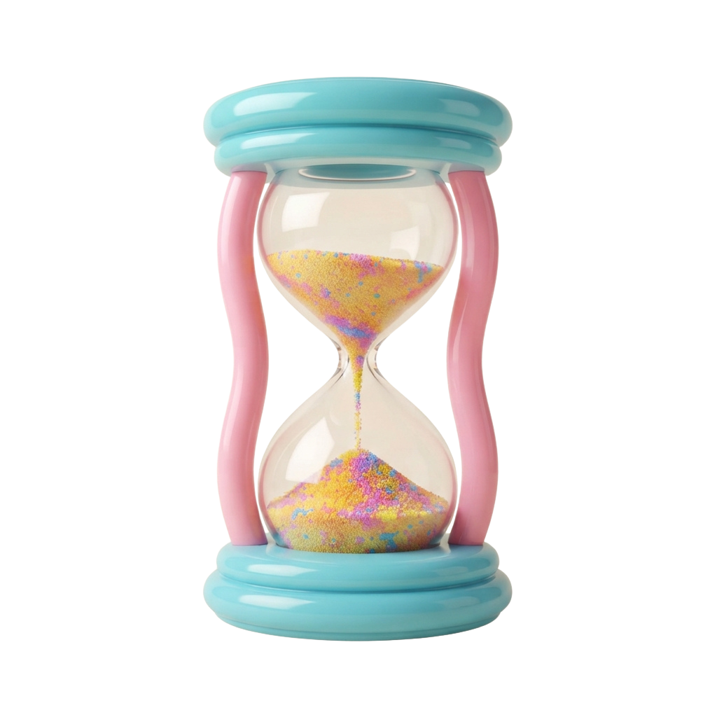 Hourglass with pink handles and blue base filled with colorful sand flowing between chambers