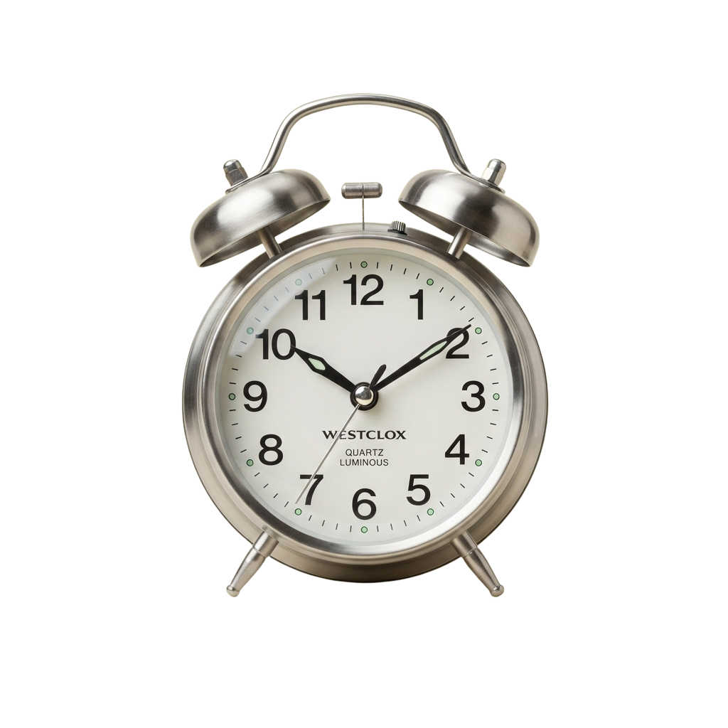 Silver alarm clock showing time 10:09 with luminous quartz display and two bells on top