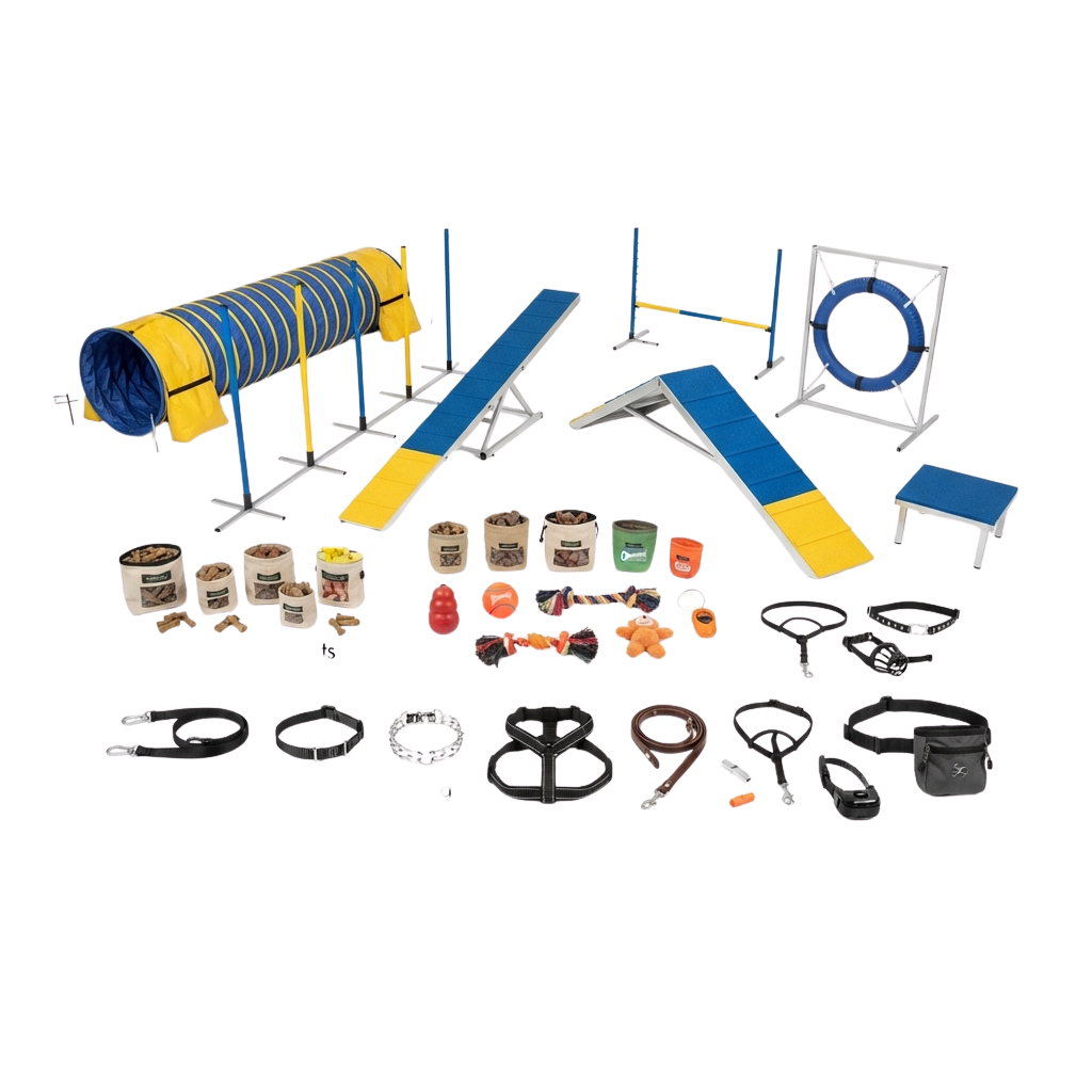 Collection of dog agility equipment including tunnels, jumps, weave poles, and harnesses on black background