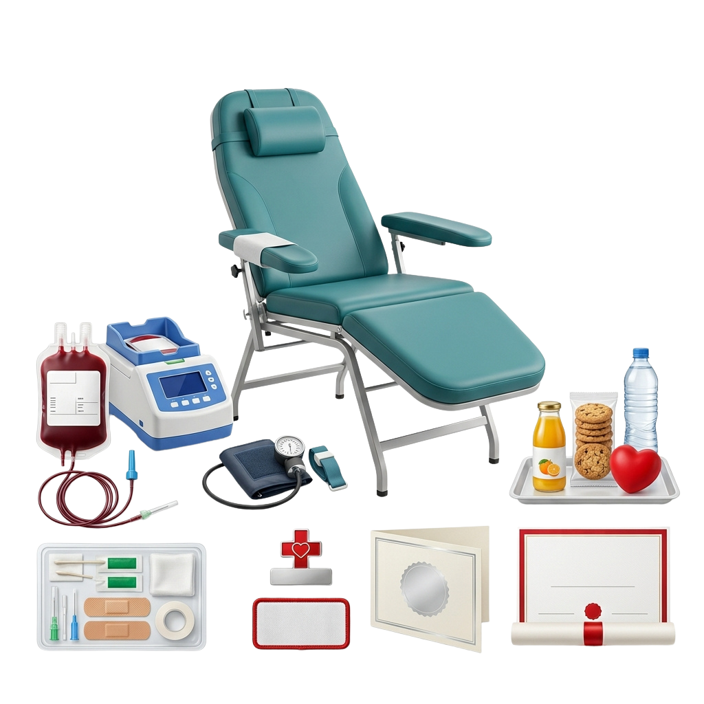 Blood donation chair, medical equipment, snacks, and donor certificate displayed on black background