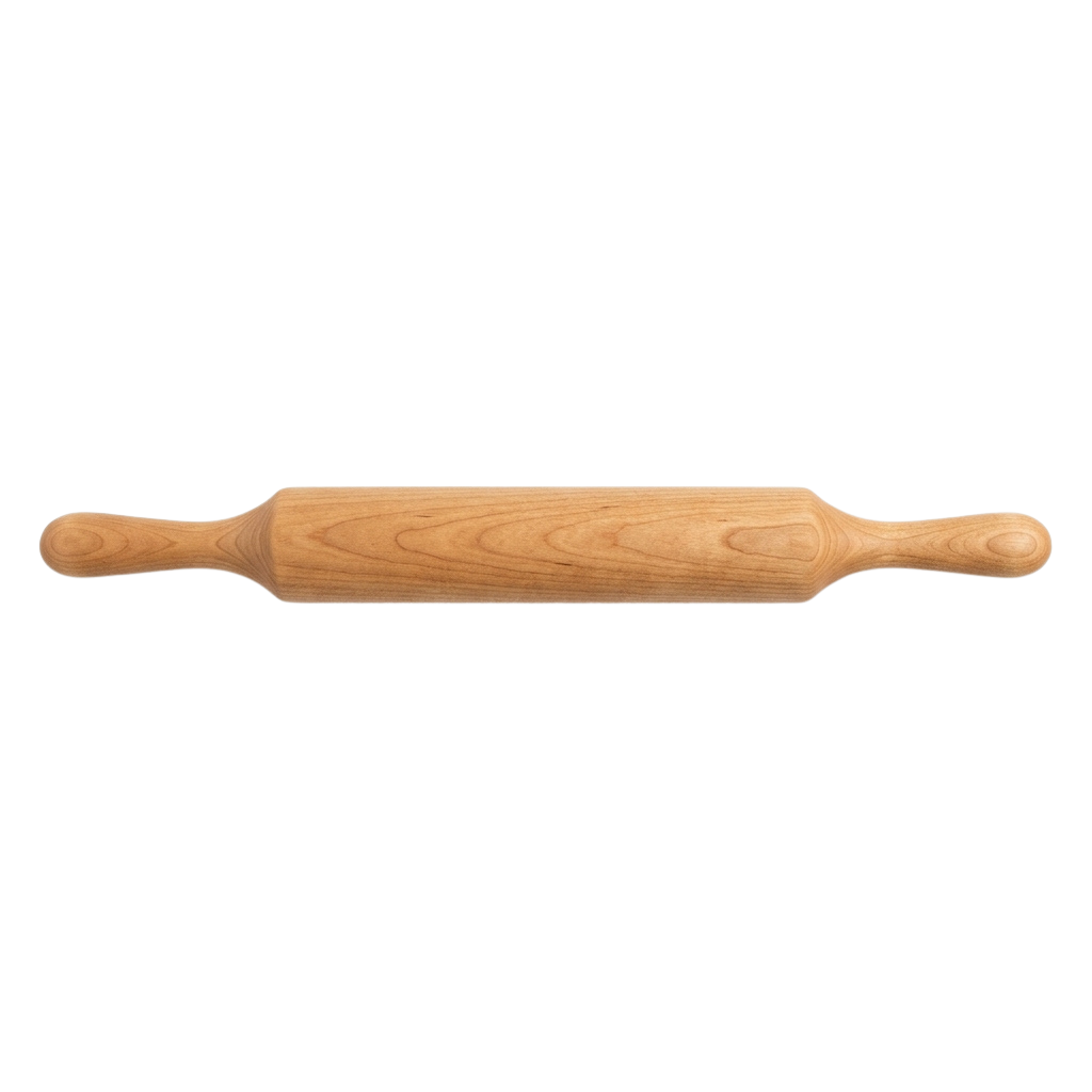 A light-colored wooden rolling pin with rounded ends and visible grain texture