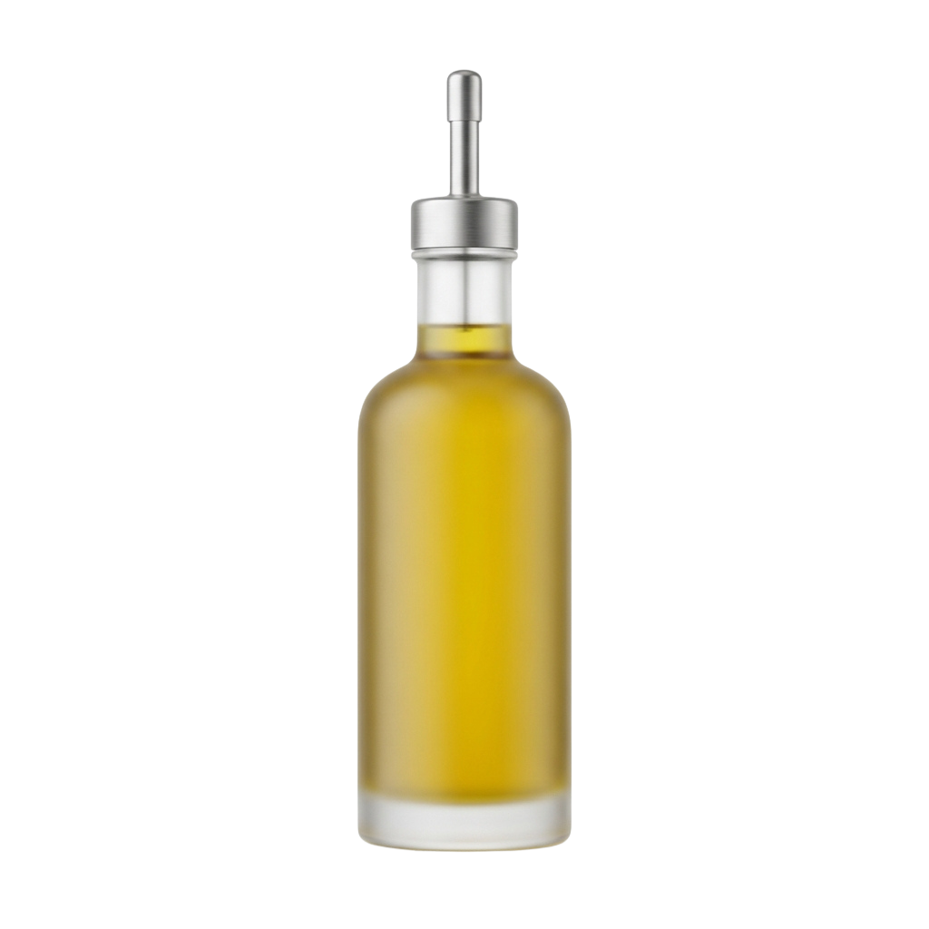 A clear glass bottle with a metal dropper cap filled with golden liquid