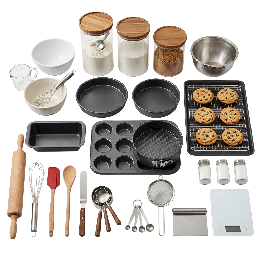 Collection of baking tools, mixing bowls, measuring cups, baking pans, and ingredient jars on a dark background