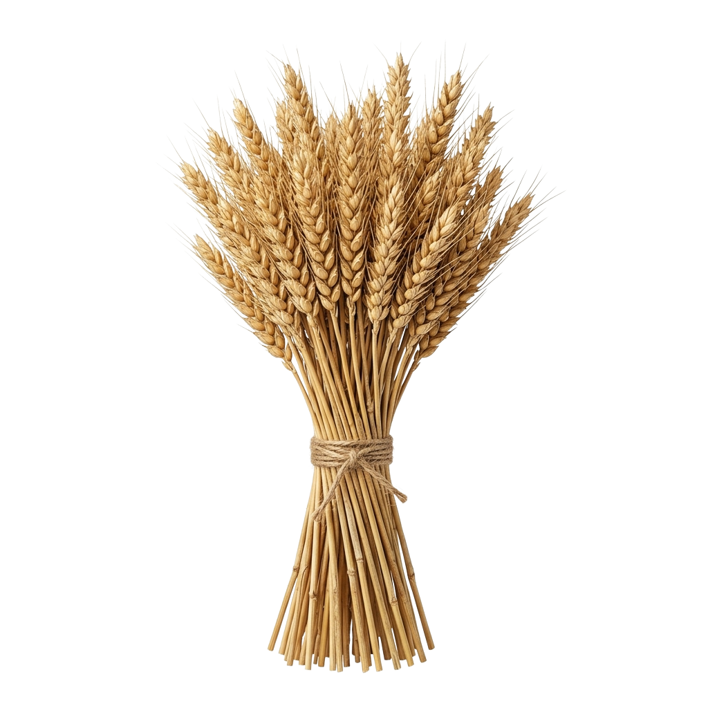 A bundle of golden wheat stalks tied together with twine against a black background