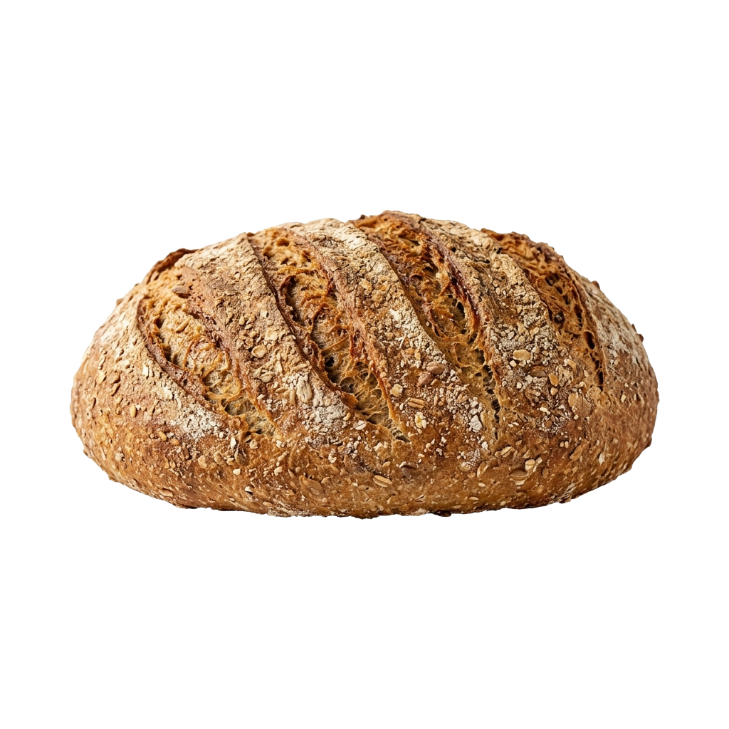 A rustic sourdough bread loaf with a golden-brown crust and visible seed specks on a black background