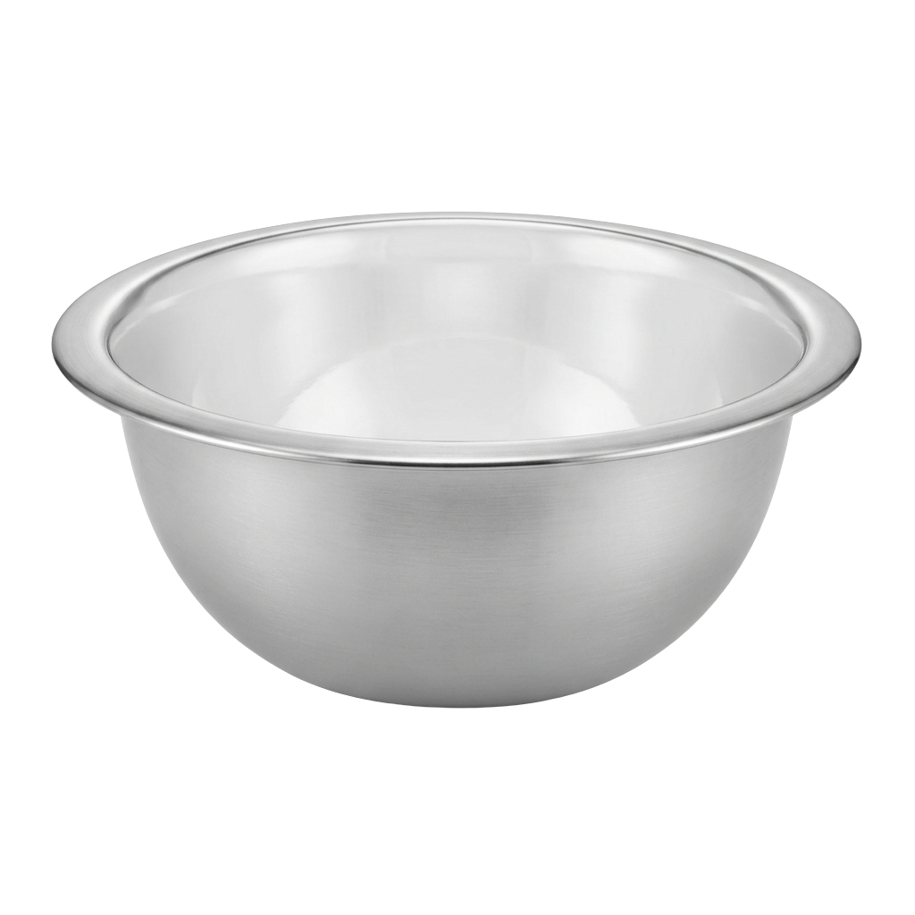 A shiny, empty stainless steel round mixing bowl with smooth edges and a polished finish.