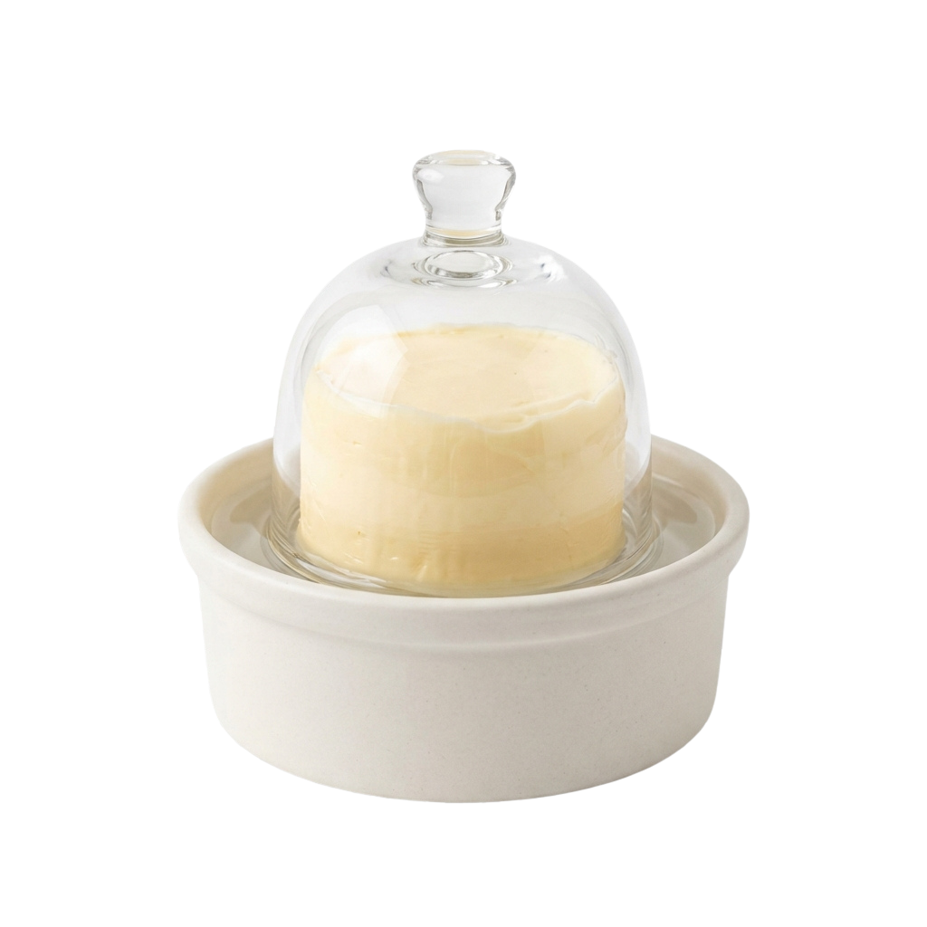 A ceramic egg warmer with a glass dome covering a single egg inside a shallow water-filled base