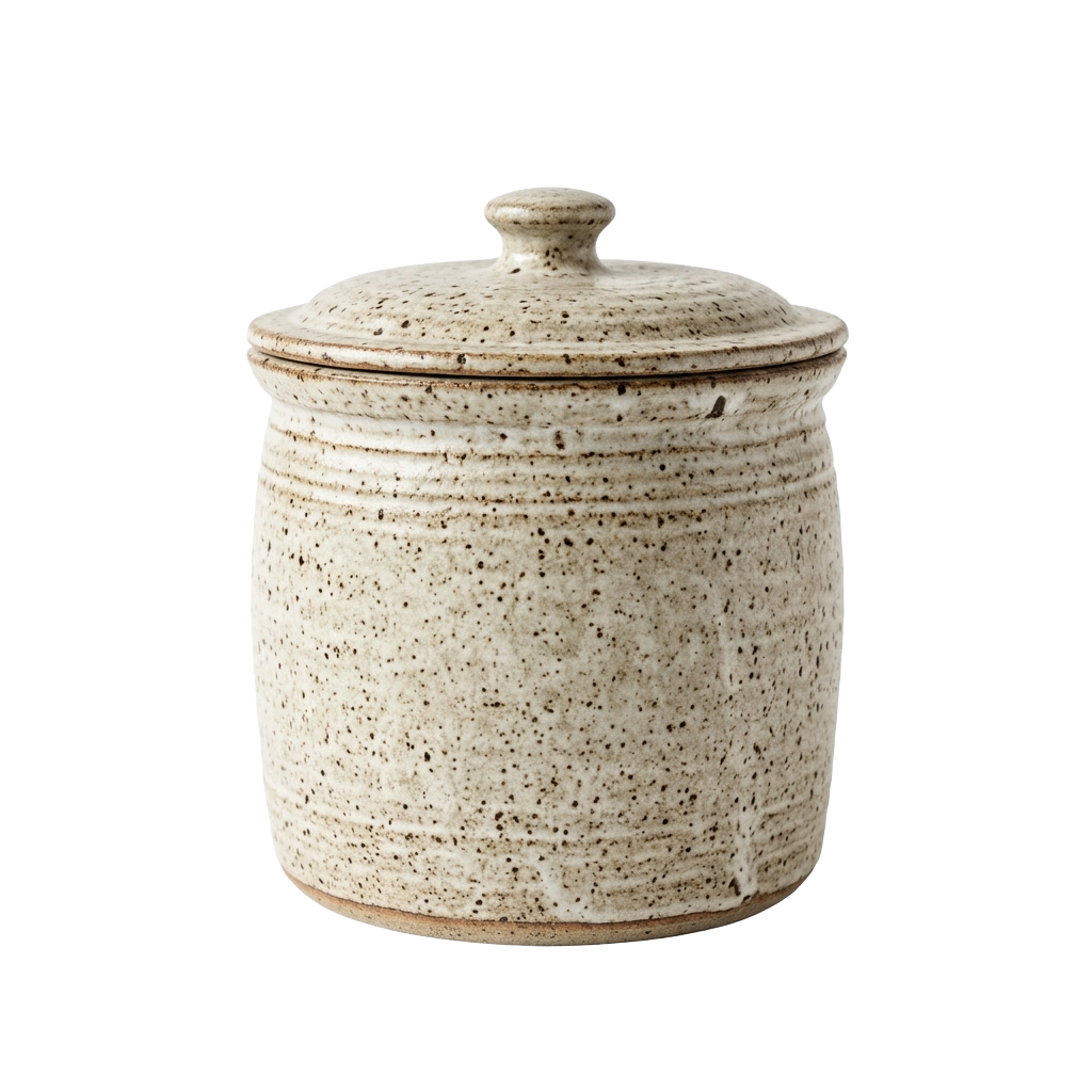 A ceramic canister with a speckled beige and white surface and a matching lid on a black background