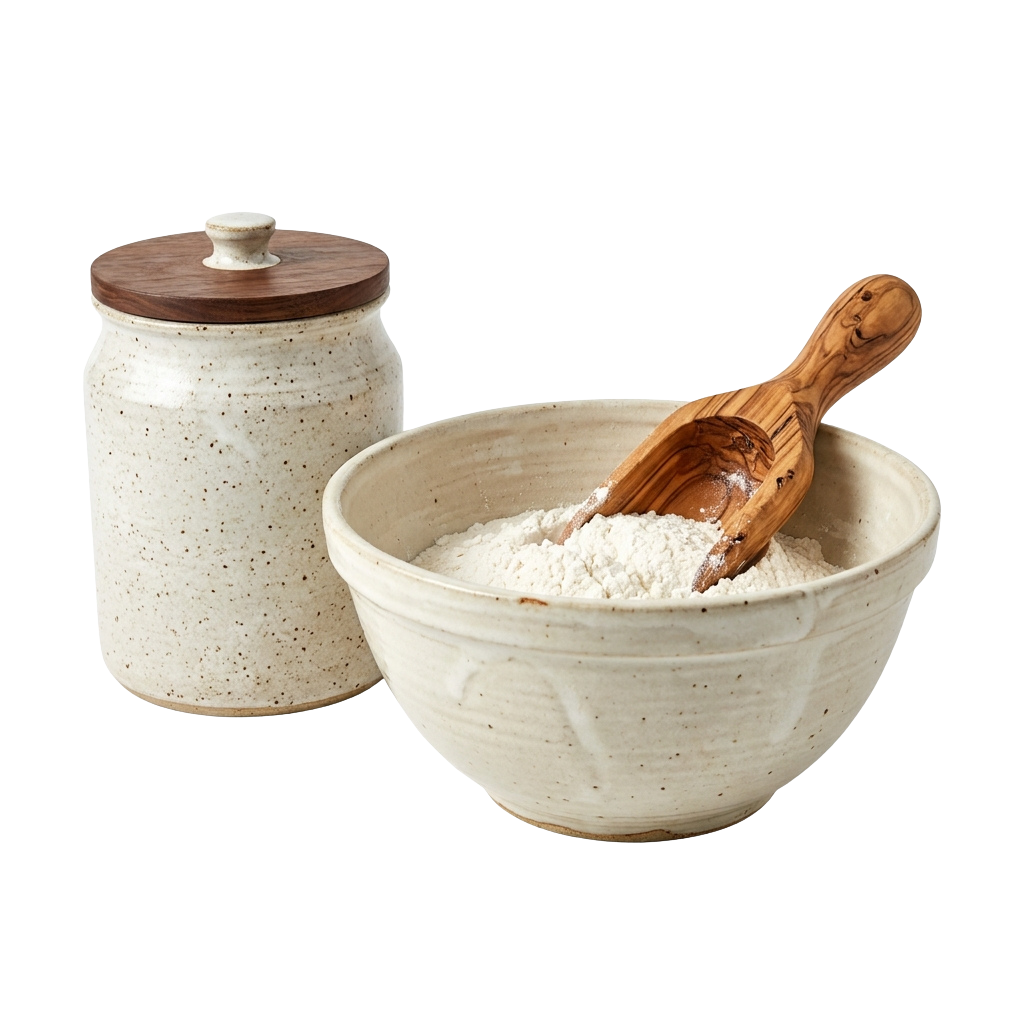 Ceramic jar with wooden lid, matching bowl filled with white flour, and wooden scoop.