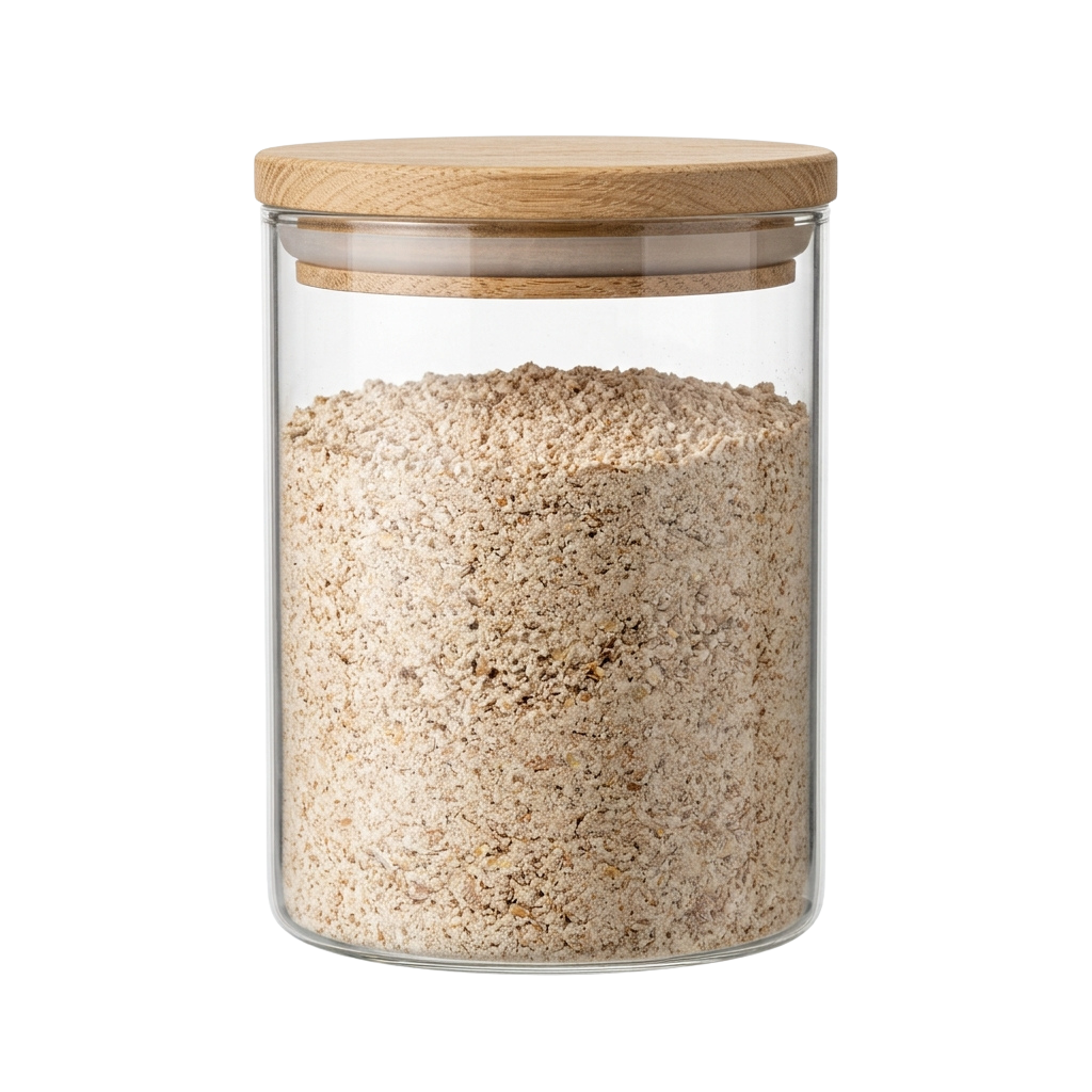 A clear glass jar with a wooden lid filled with light brown ground spice or herb powder