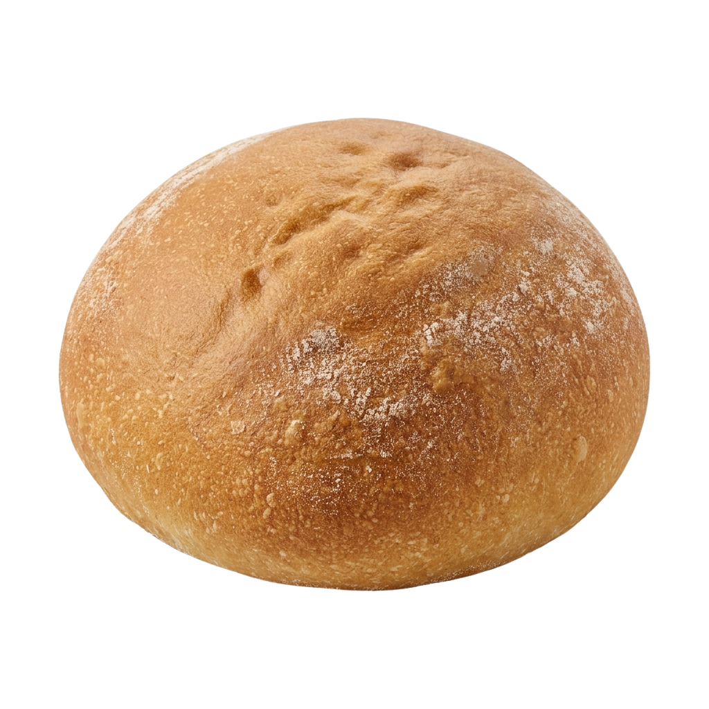 A close-up image of a golden brown, round bread roll with a textured crust