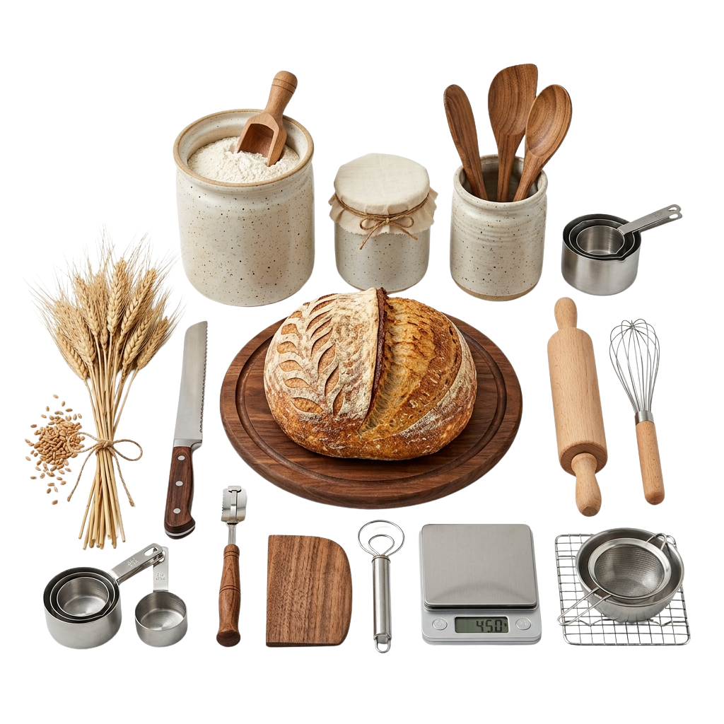 Collection of baking tools and ingredients for making homemade bread including flour, yeast, bread loaf, rolling pin, and measuring tools