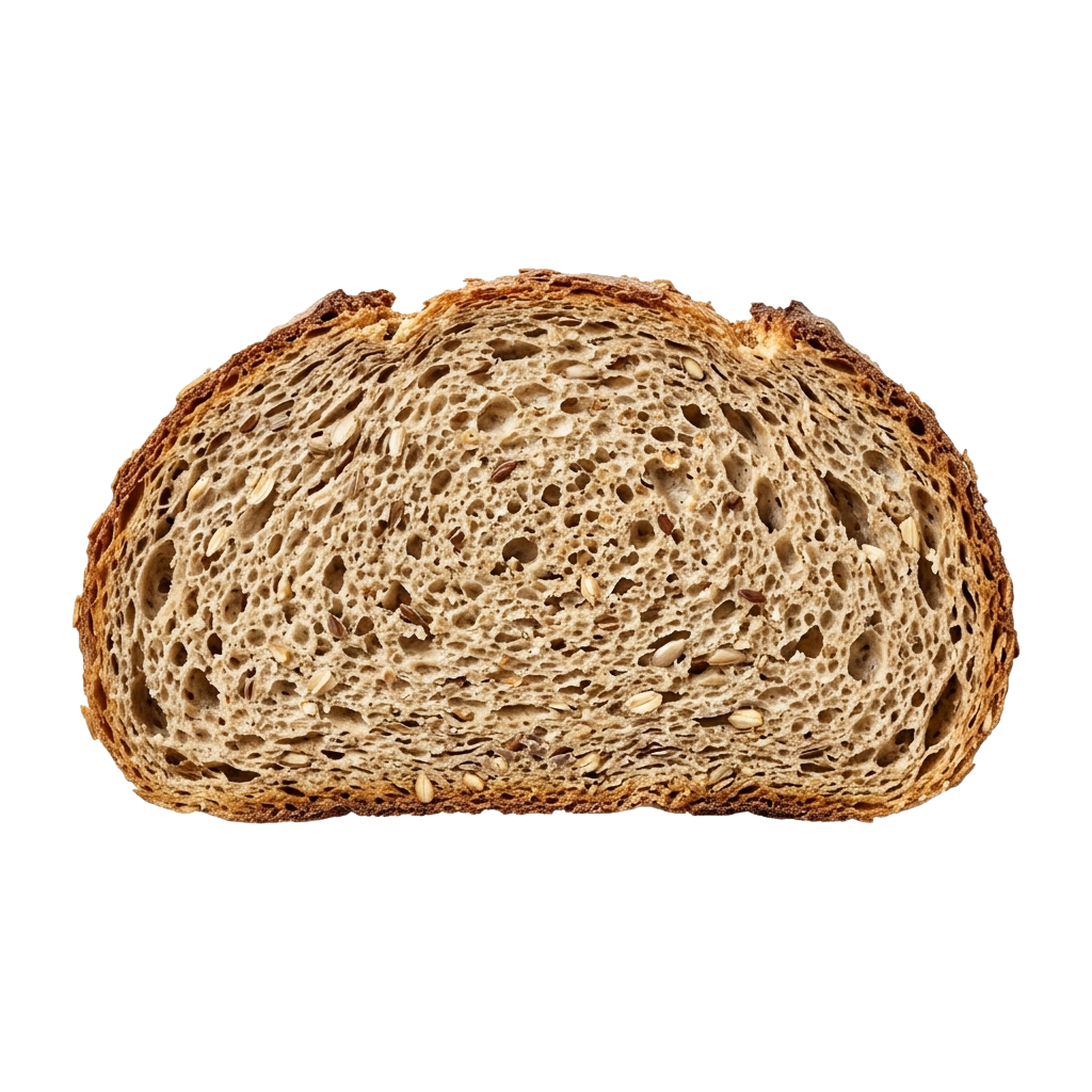Close-up of a golden-brown sourdough bread slice with an airy, porous interior