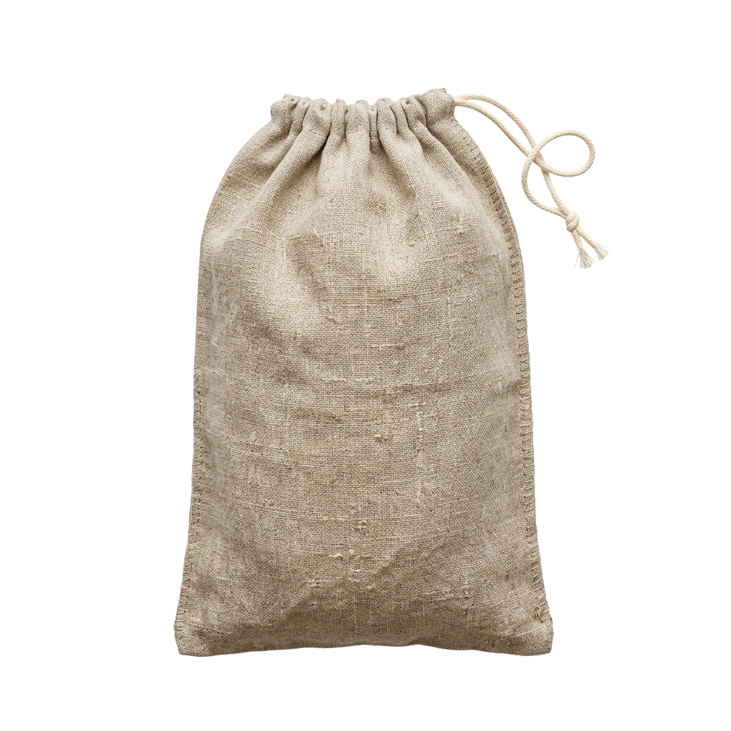 A beige drawstring bag with a closed top against a black background