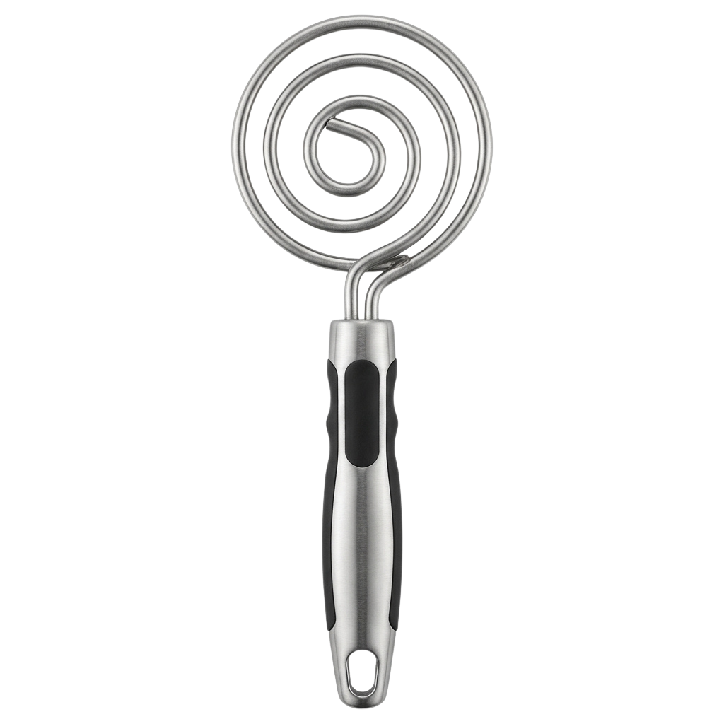 A stainless steel spiral whisk with a comfortable ergonomic handle