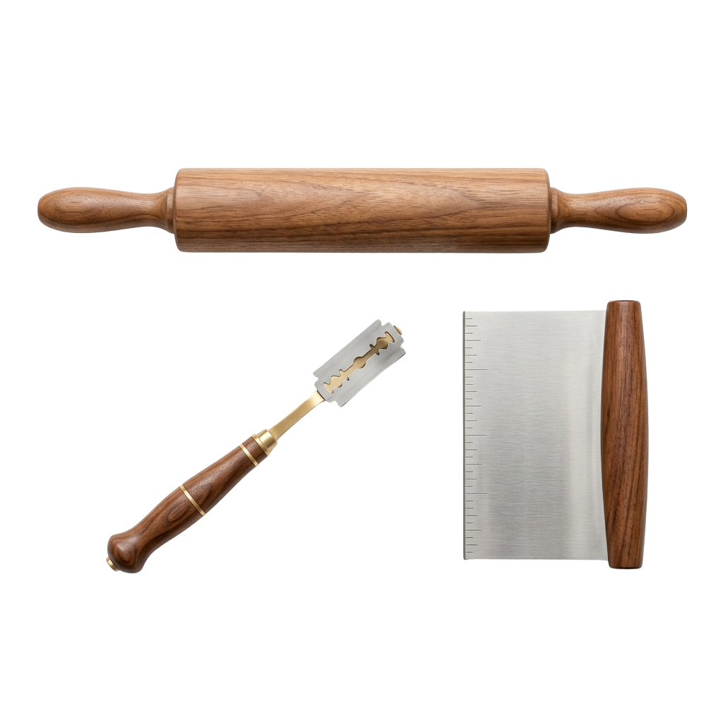 A wooden rolling pin, a pastry scraper with wooden handle, and a metal bench scraper with wooden handle