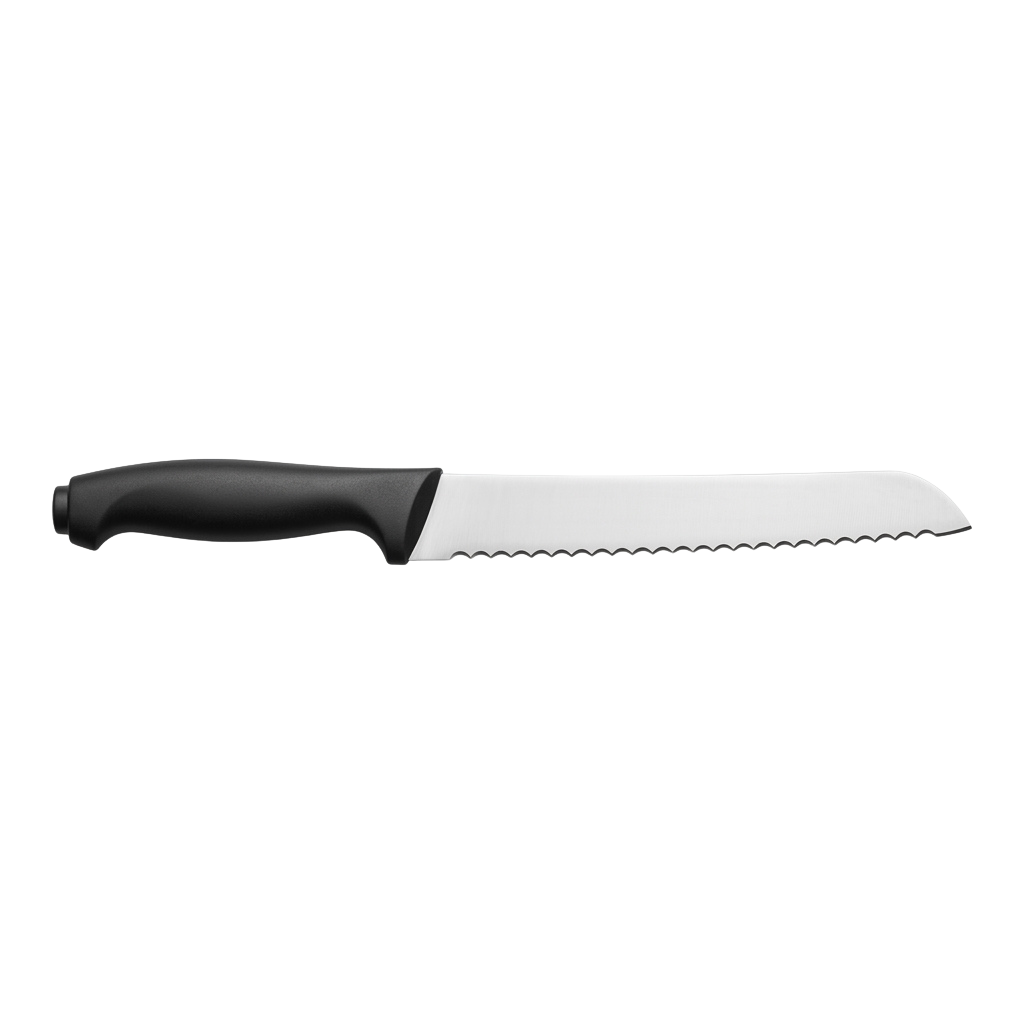 A black-handled kitchen knife with a serrated edge against a black background