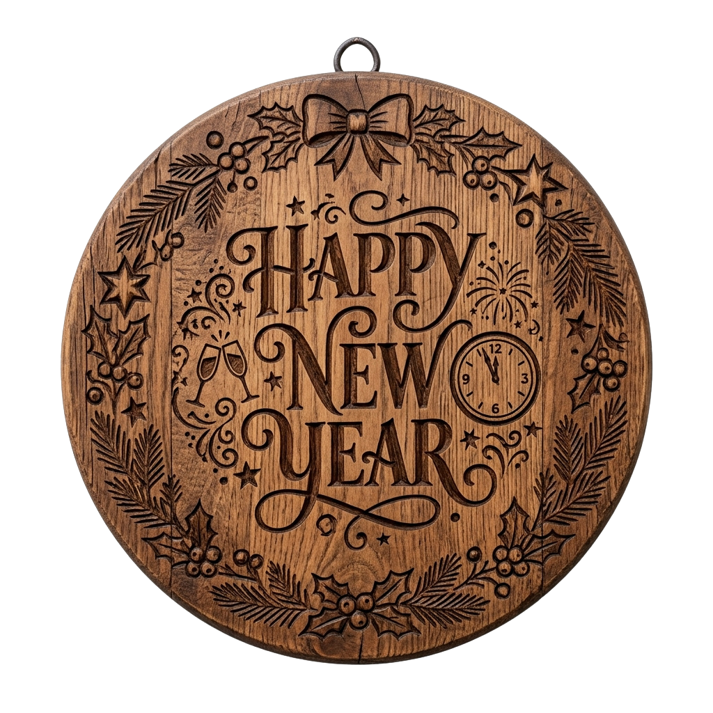 Wooden round sign with Happy New Year text, decorative elements, and a clock showing midnight