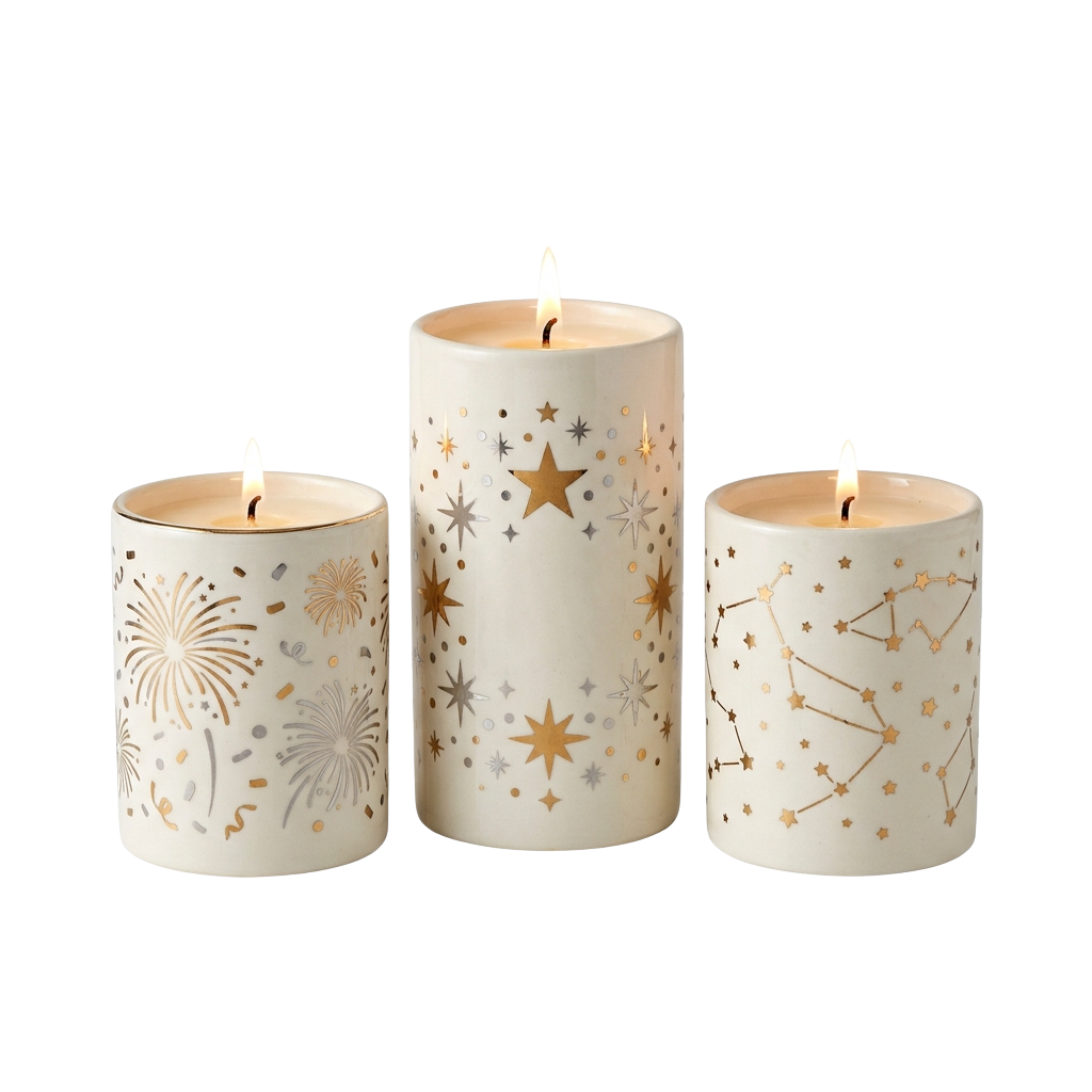 Three lit candles with embossed designs: fireworks, stars, and constellations.